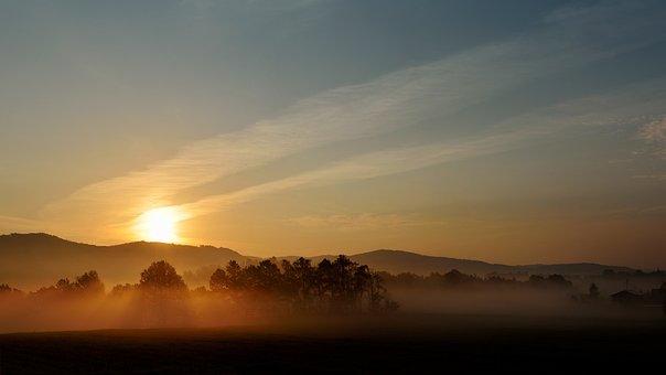 午前中に, 太陽, 夜明け, 朝日, 霧