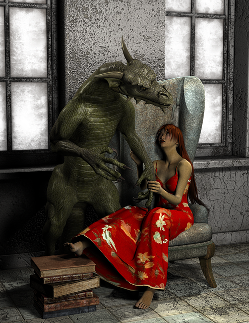 Drachen, Bücher, Dame, Stuhl, Geschichte