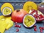 pomegranate, pomegranate seeds, passion fruit
