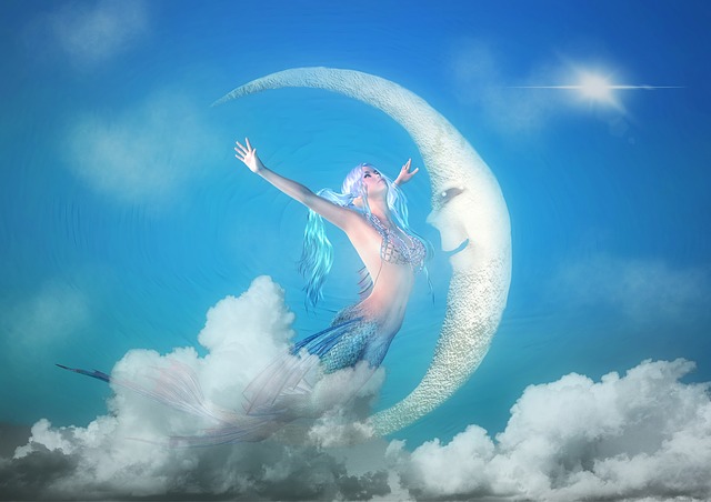 Free blue mermaid moon illustration