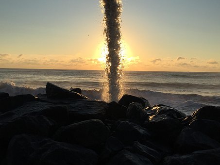 Soloppgang, Foss, Natur, Strand, Bølger
