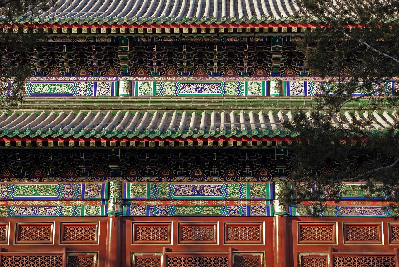 圆明园, 建筑, 古建筑, 中国, 中国式建筑, 红, 屋檐, 斗拱, 树