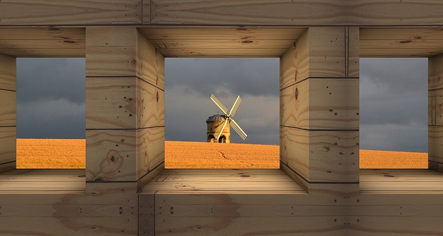 Free windmill cornfield window illustration