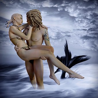 Amantes, Sereia, Amor, Pôr Do Sol