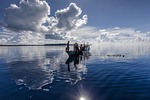 reflection of the surface of the water, landscape, boat