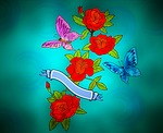 roses, butterfly, banderole