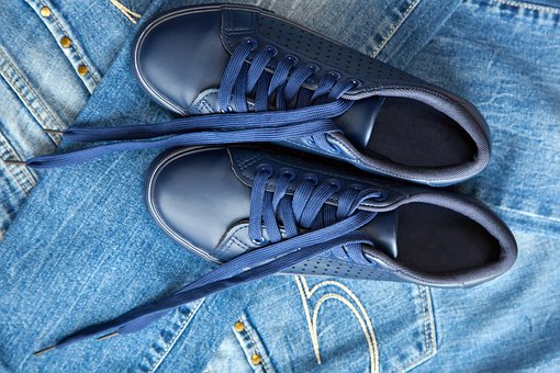 Jeans, Tênis, Cadarços, Azul, Sapatos