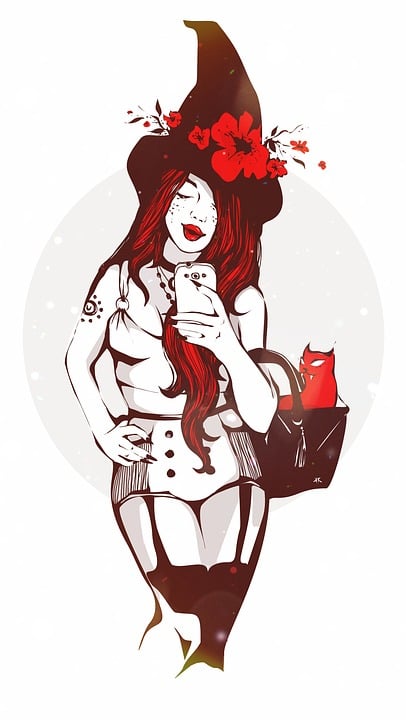 Chica, Gato, Ilustración, Figura, Bruja, Сэлфи, Mujeres