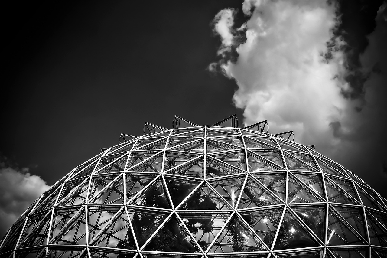 architecture, glass construction, building, modern, facade, glass, window, dome, dusseldorf, glass dome, glass facades, modern architecture, nature, heaven, rotunda, buildings, greenhouse, botanical garden, bracing, black-and-white, sw, clouds