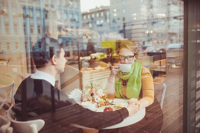 in the cafe, coffee, man, woman, café, to drink coffee, pair, date, glasses, glass, closeness