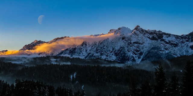Fjell, Eve, Måne, Himmel, Solnedgang