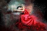 girl, long dress, red