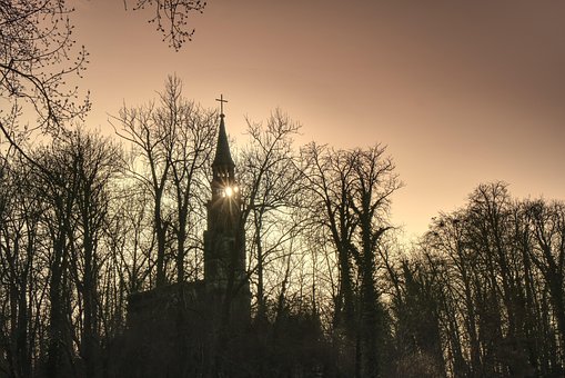 Kirke, Ruin, Træer, Aften, Solen