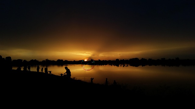 Sonnenuntergang, See, Blase, Wasser