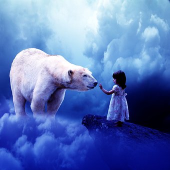 Garota, Natureza, Urso, Fantasia, Nuvens