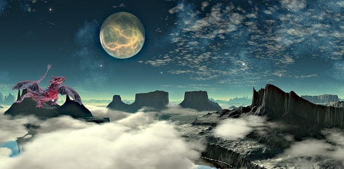 Dragón, Luna, Nubes, Noche, Cielo