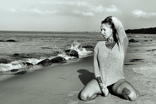 Playa, Belleza, Tatuaje, Protrait, Mujer