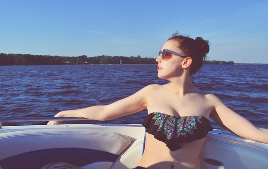 Frau, Boot, Schwimmen, Bademode, Natur
