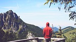 person, mountains, view