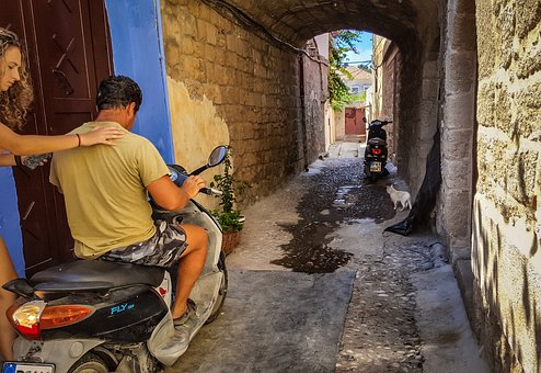 Girl, Woman, Man, Scooter, Greek, Greece