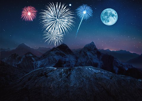 Fuegos Artificiales, Noche, Cielo, Luna