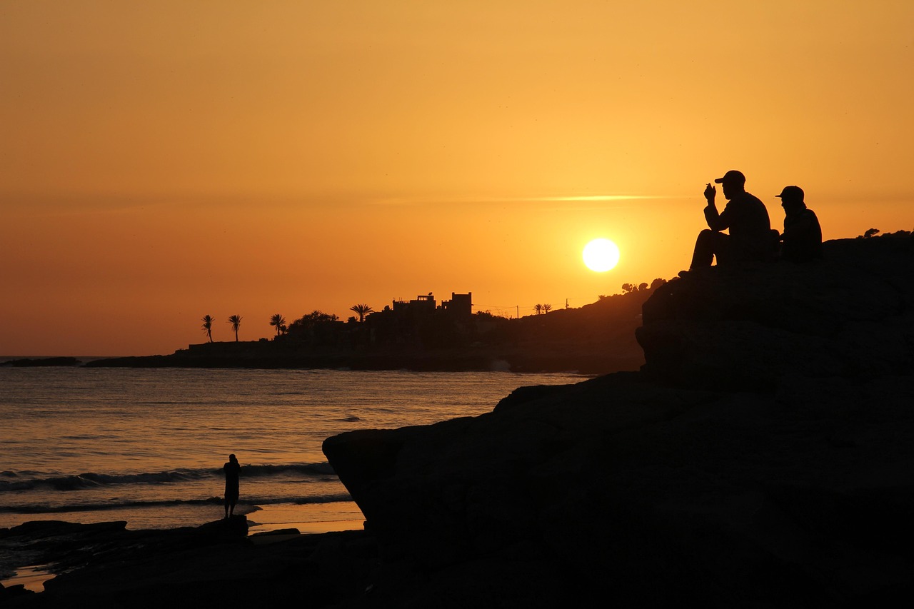 morocco, taghazout, beach, sunset, water, coast, backlighting, silhouette