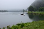 boater in the fog, melton lake park, tennessee