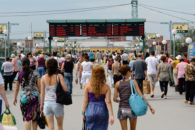 station, crowd, group of people, stop, long-distance transport, russia, scoreboard, advertisement, novosibirsk, trans-siberian railroad