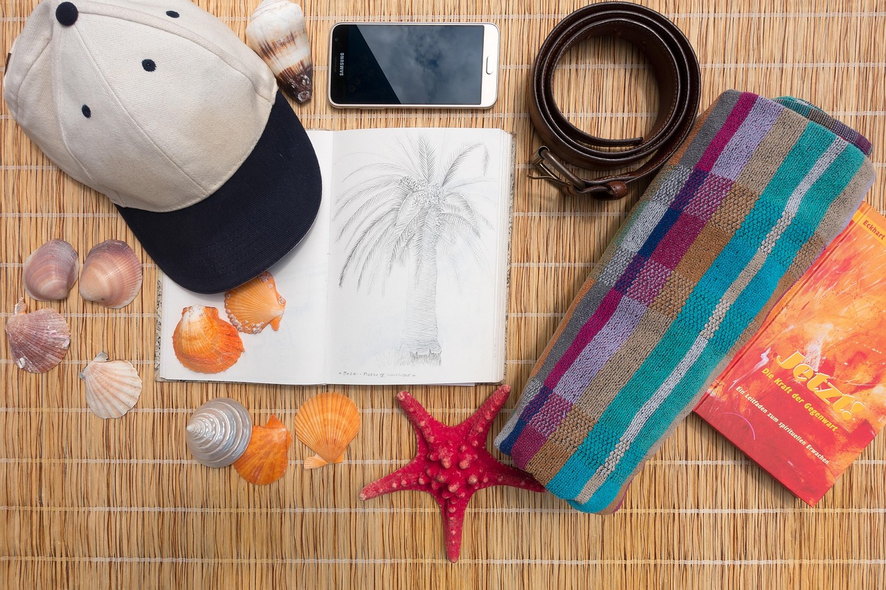 Travel planning items laid out on a desk including a map and camera