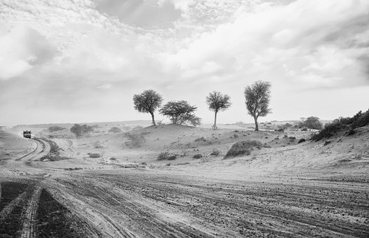Weg, Woestijn, Monochroom, Zand, Stof