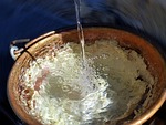 eat, copper pan, polenta