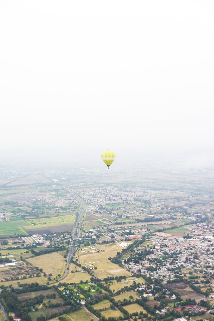 balloon, land, field, nature, houses, aerial, flying, plants, trees, grass, road, trip