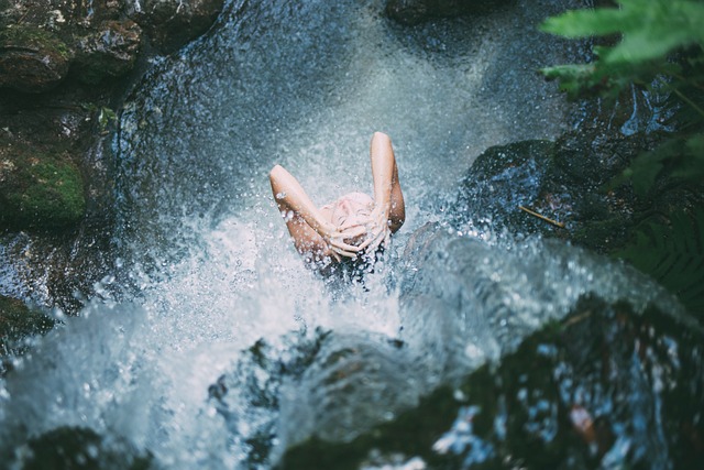 people, alone, girl, bathing, shower, waterfall, nature, rocks, blue alone, blue waterfall, blue shower, shower, shower, shower, shower, shower