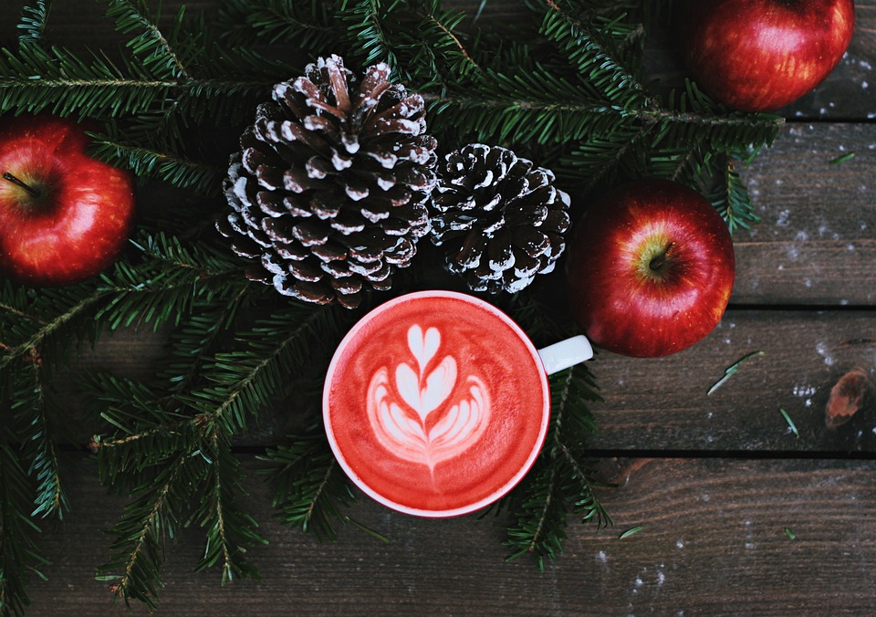 Coffe, Latte, Art, Froth, Red, Apple, Christmas