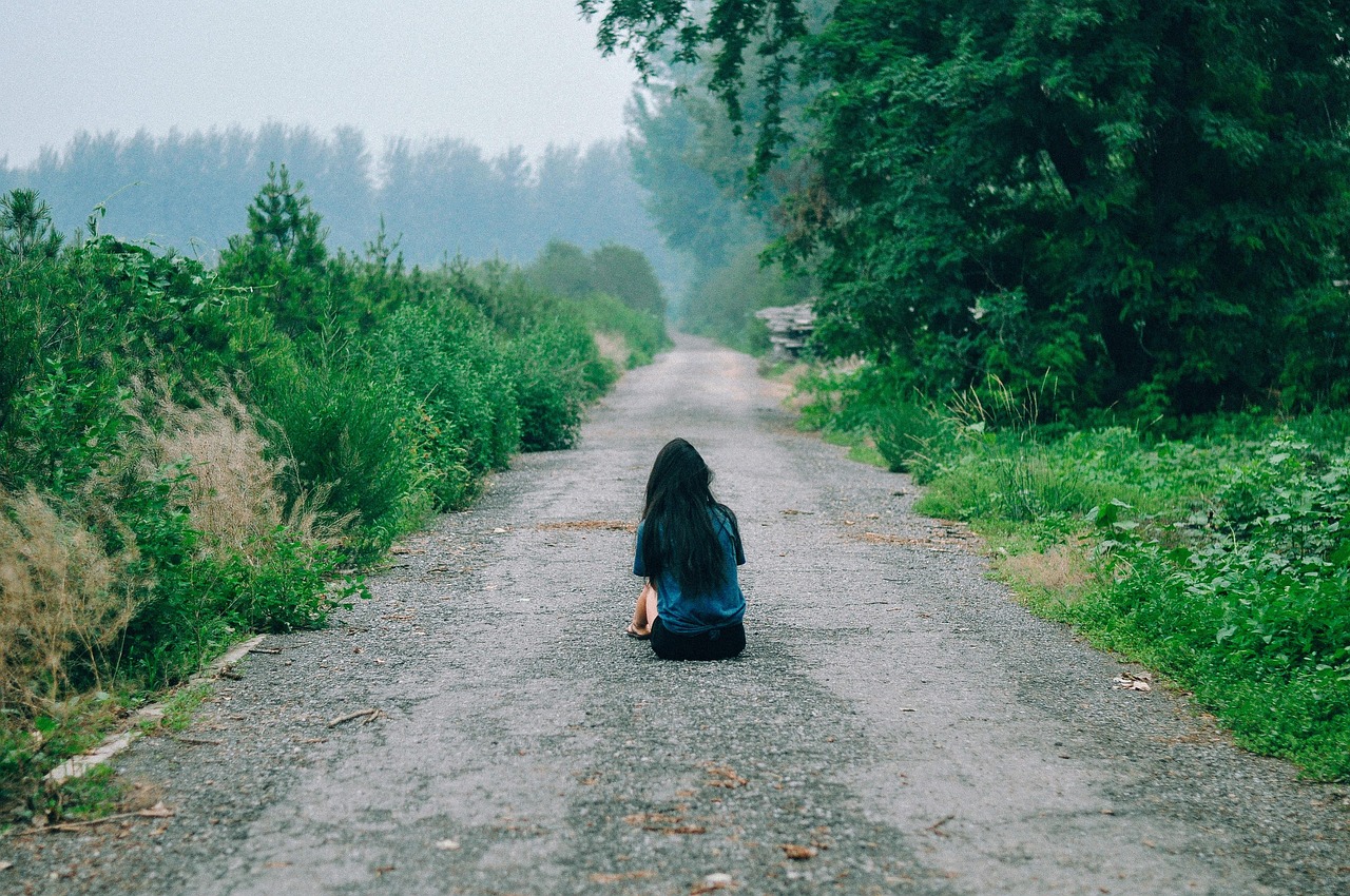 woman, girl, lady, people, back, contemplate, sit, road, path, nature, forests, trees, plants, grass, bushes, people, back, contemplate, contemplate, contemplate, contemplate, contemplate, bushes, bushes, bushes, bushes, bushes
