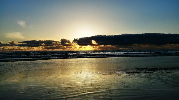 Solnedgang, Oregon Strand, Natur, Skyer