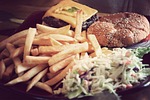 hamburger, french fries, coleslaw