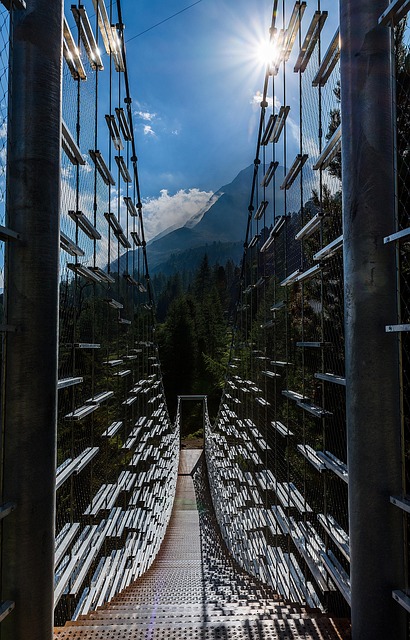 suspension bridge, forest, portable, bridge, landscape, nature, leaves, valley, path, architecture, crossing, green, water, steel ropes, flow, tropics, dark, ropes, mood, treehouse, blue, lighting, boards, help, illuminated, downfall, idyllic, high, rock, summer, mountain, grass, beach, dolomites, alps, south-tirol, hike, vacations, snow, heaven, sun, to travel
