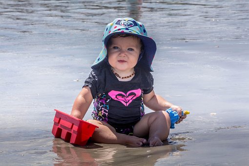 Baby, Beach, Water, Hat, Play