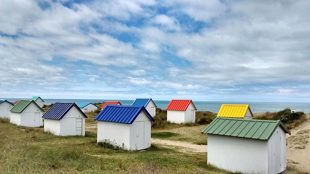 Hytte, Strand, Blå Himmel, Ferie, Blå