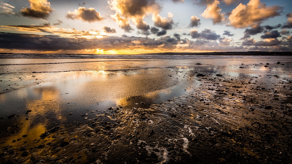 Filey, ビーチ, ヨークシャー, 海景, 日の出, 秋, 黄金の時間, 反射, 小石, 波, 潮, 低潮