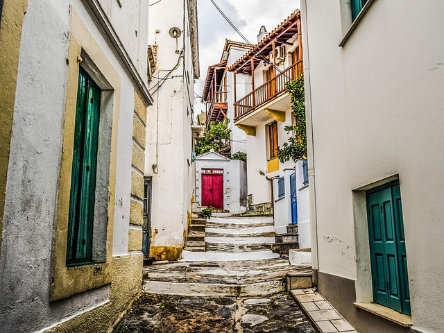 greece, skopelos, chora, village, street, alley, stairs, houses, architecture, traditional, island, greek, sporades, mediterranean, brown street, brown village, brown island, greece, greece, greece, greece, greece