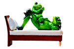 mom and child, frogs, bed