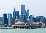 navy pier, chicago skyline, river view