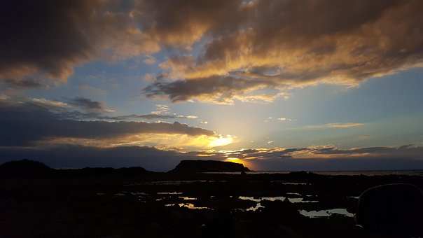 日没, 海, 空, 地平線, オレンジ, 青, 太陽, 天気予報, クラウド