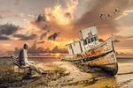 old boat, old man, sea