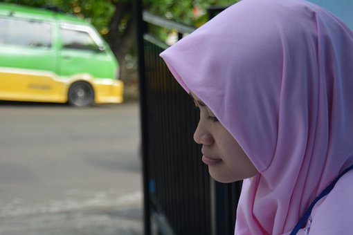머리 스카프, 인도네시아, 여자, 아름다움, 홀로, 보고, 대기