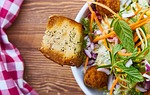 bread, salad, table