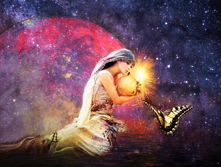 Junge Frau, Nacht, Sterne, Fantasie