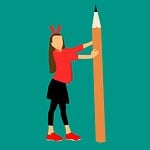 girl, holding a huge pencil, writing